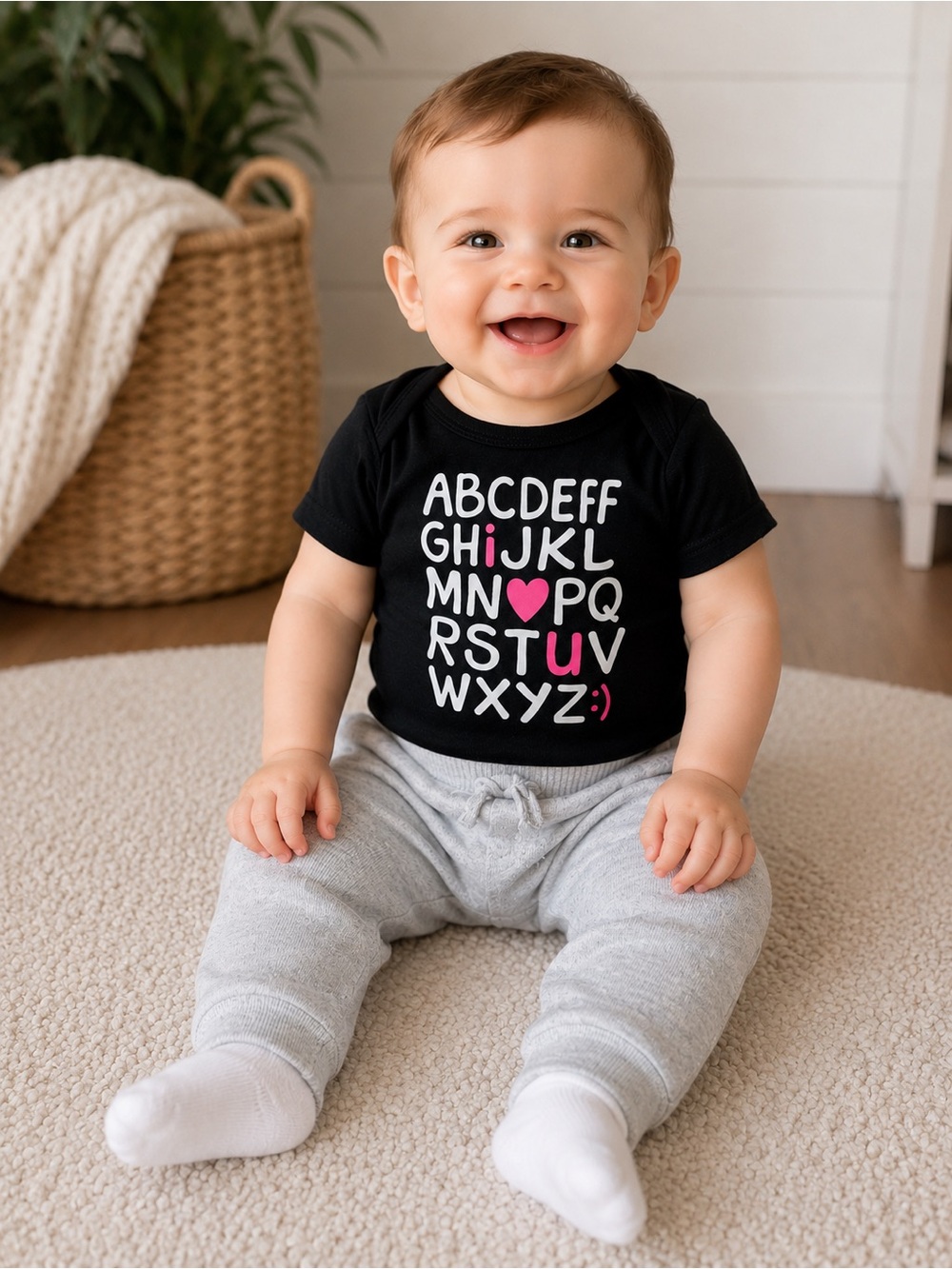 Old navy Black short-sleeve baby bodysuit with playful alphabet graphic 3-6m